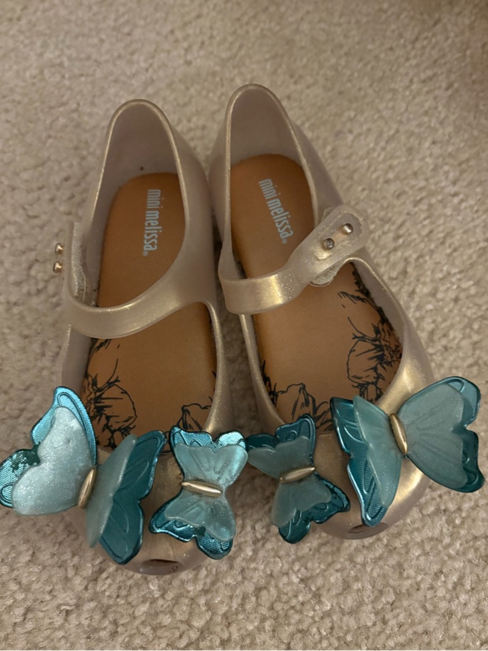 Mini Melissa Girls' Gold Mary Janes with Blue Butterfly Accents